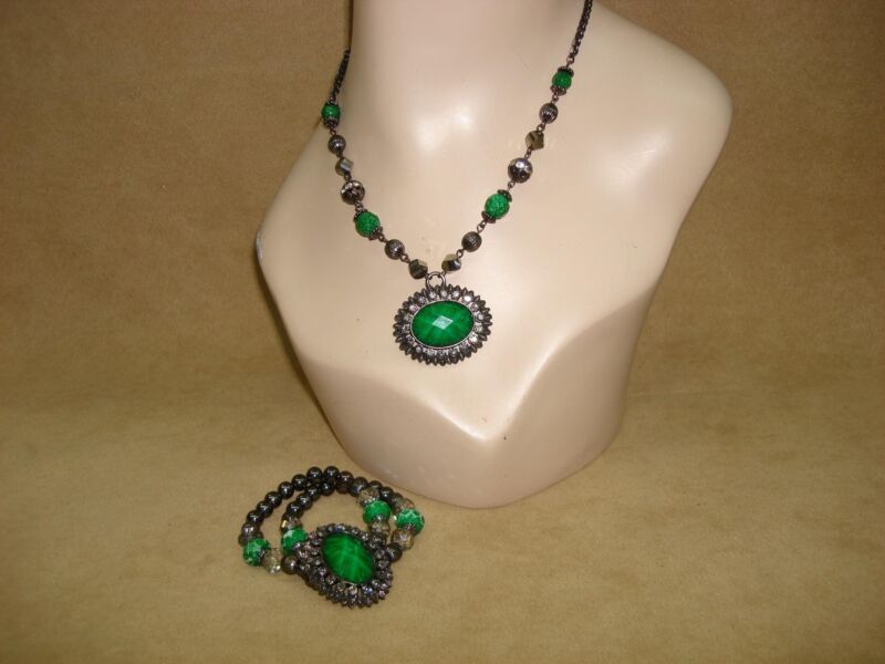 Green glass and rhinestone necklace and bracelet set