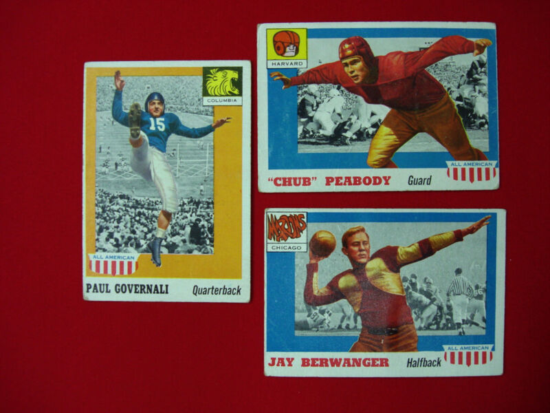 Vintage 1955 Topps All-American Football Cards - Peabody #72, Governali #73, Berwanger #78
