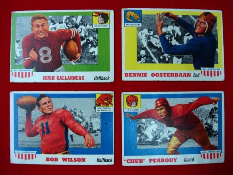 1955 Topps Football All-American Short Print Cards featuring Bob Wilson, Chub Peabody, Hugh Gallarneau, and Bennie Oosterbaan