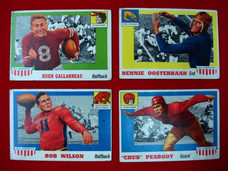 1955 Topps Football All-American Short Print Cards featuring Bob Wilson, Chub Peabody, Hugh Gallarneau, and Bennie Oosterbaan