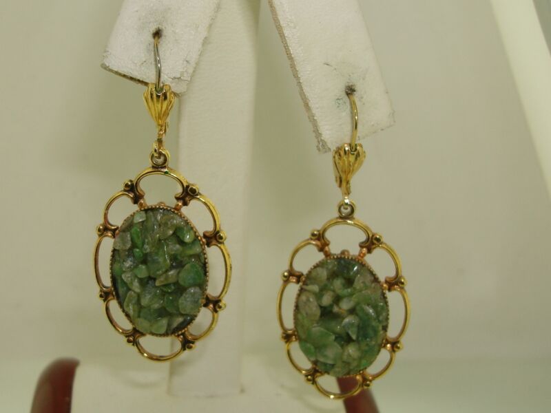 Vintage 1970s gold tone filigree jade dangle earrings
