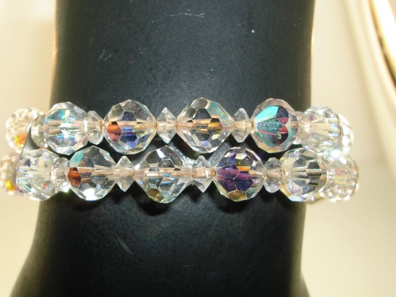 Vintage 1960s Aurora Borealis Crystal Bead Bracelet - Memory Wire, Iridescent Beads