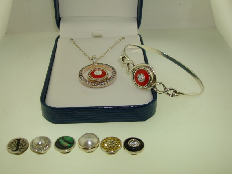 Sterling silver necklace and bracelet set with eight interchangeable snap inserts