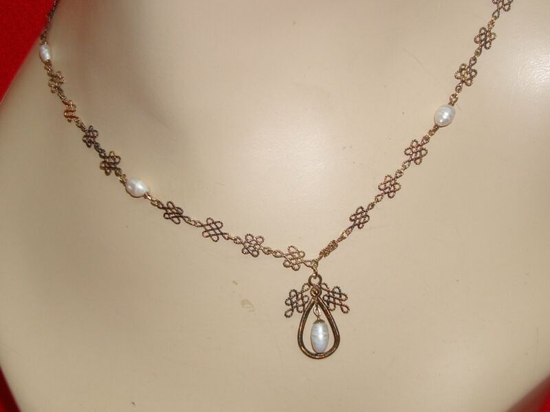 Vintage Sterling Silver Filigree Freshwater Pearl Necklace | Gold Wash