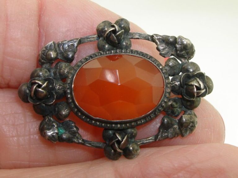 Antique Sterling Silver Rose Pin with Facetted Glass Cabochon