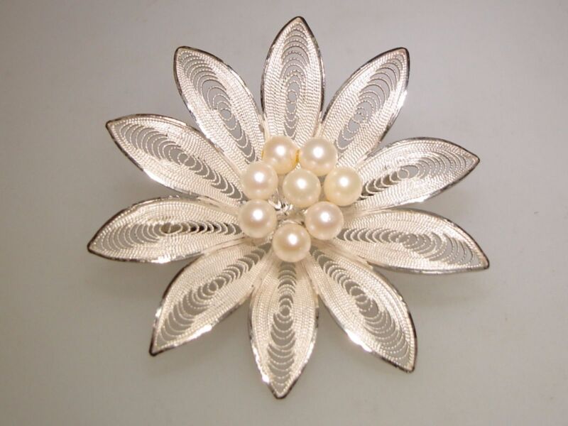 Vintage Sterling Silver Flower Pin with Cultured Pearls