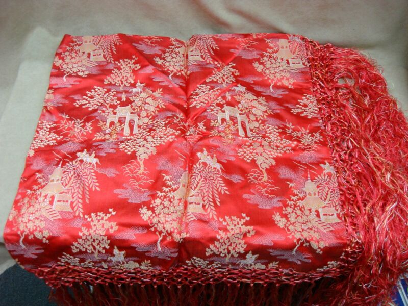 Vintage Japanese piano scarf with red and gold satin design, fringe, and pagoda motifs