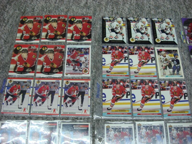 Collection of 190 Jeremy Roenick hockey cards, including rookie cards, inserts, and a Skymotion card.