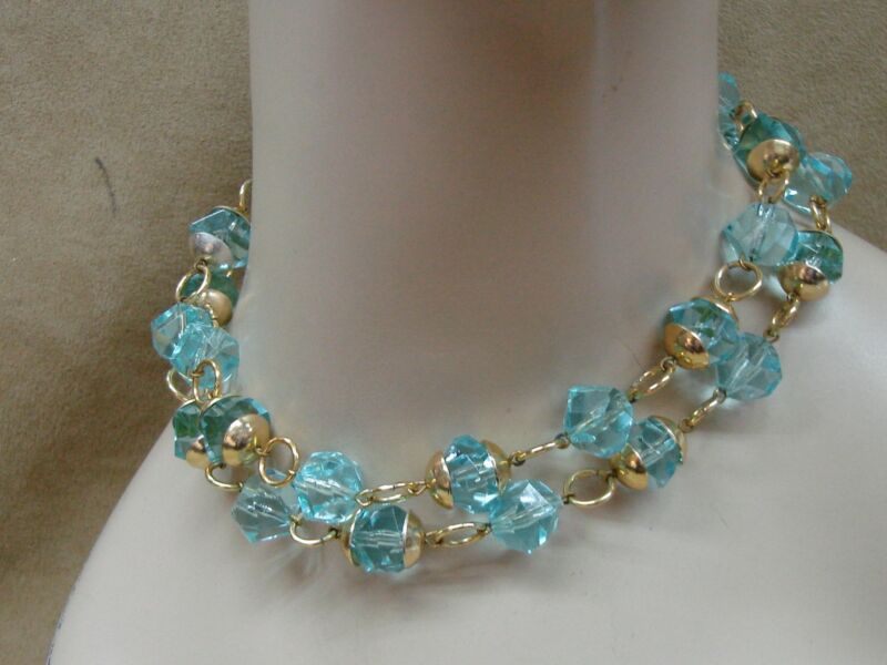 Vintage aqua lucite bead necklace with gold-tone accents