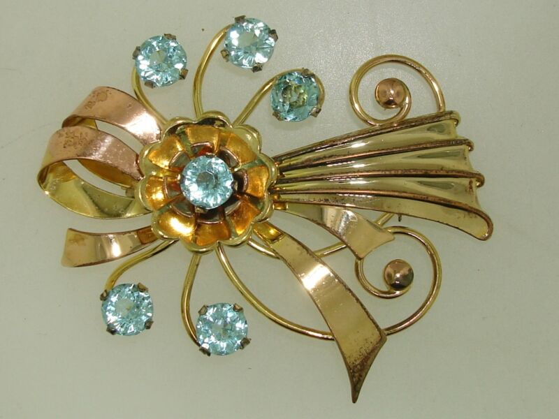 Vintage 1940s Harry Iskin gold filled aqua rhinestone flower pin