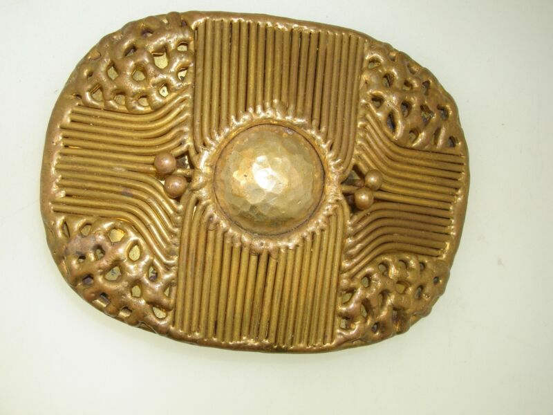 Antique brass filigree buckle with oriental design and gold wash accents