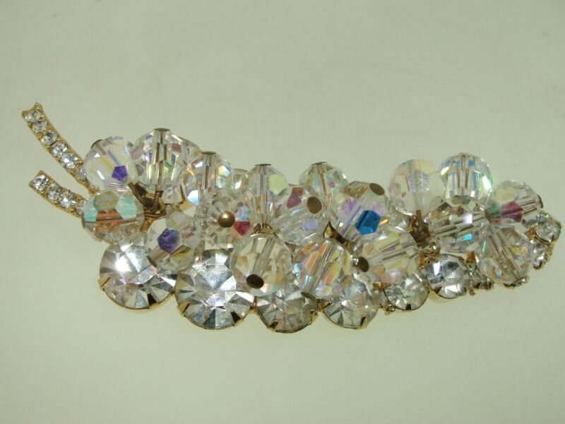 Vintage gold-tone aurora borealis crystal leaf pin brooch