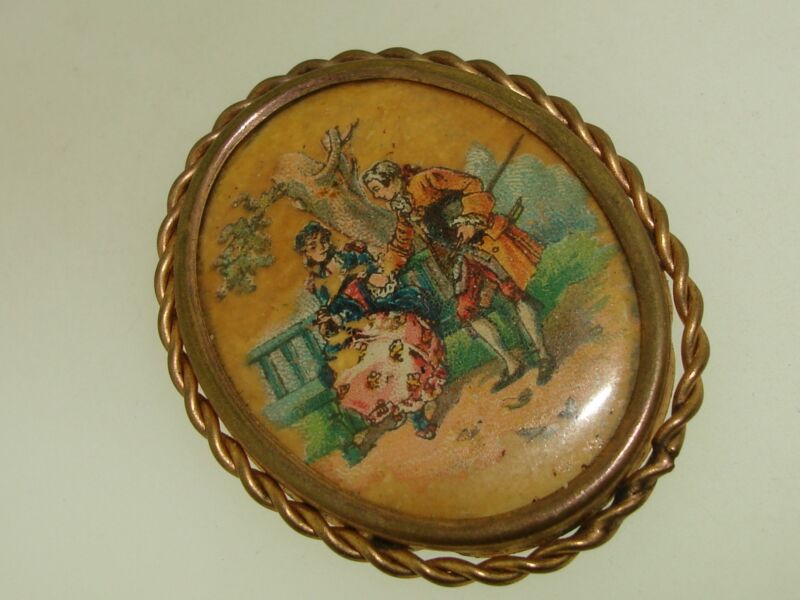 Antique Victorian Celluloid Pin - Made in France, Trombone Clasp & Scenic Design