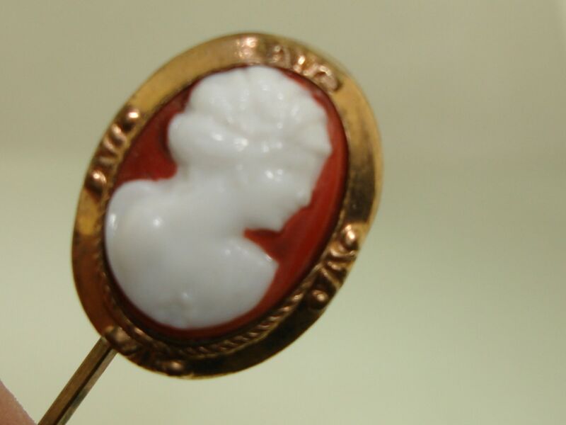 Antique Victorian rose gold filled cameo stick pin with milkglass floral design