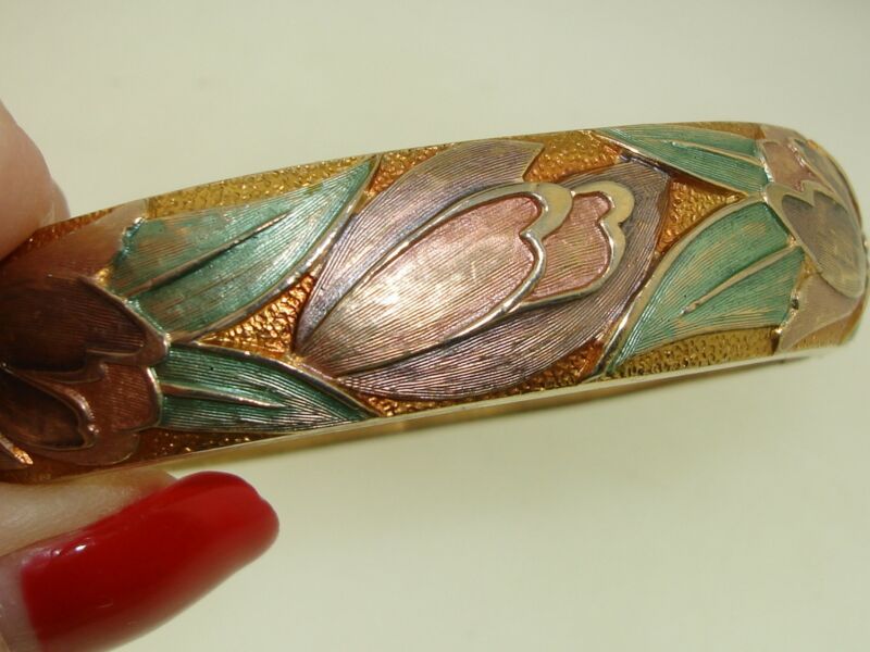 Vintage Kramer cloisonné enamel bangle bracelet with pastel flowers and gold accents