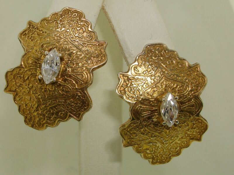 Vintage Etruscan-inspired vermeil gold clip-on earrings with a marquise gemstone