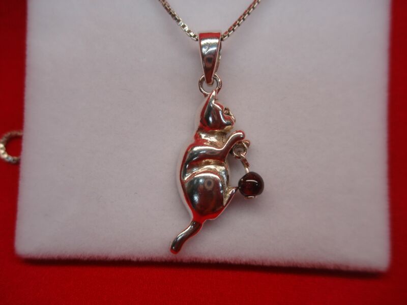 Sterling silver kitty cat baseball charm necklace with an 18-inch chain