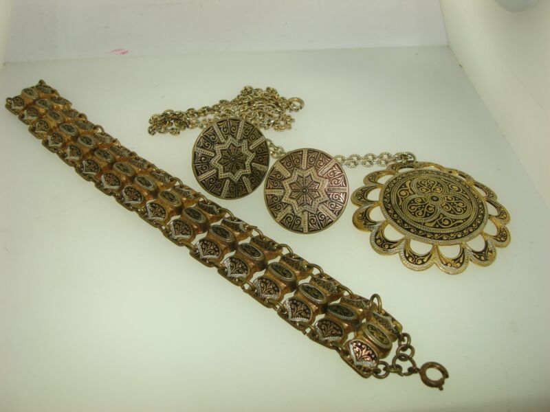 Vintage Signed Spain Damascened Enamel Necklace Earrings Bracelet