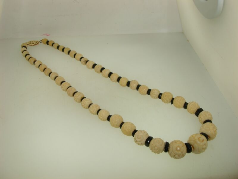 Antique carved rose choker necklace with black glass rondells, gold filled