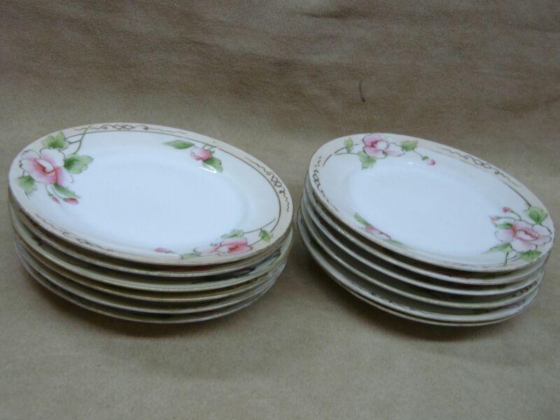 Set of 12 antique Art Nouveau hand-painted floral Nippon plates with gold trim