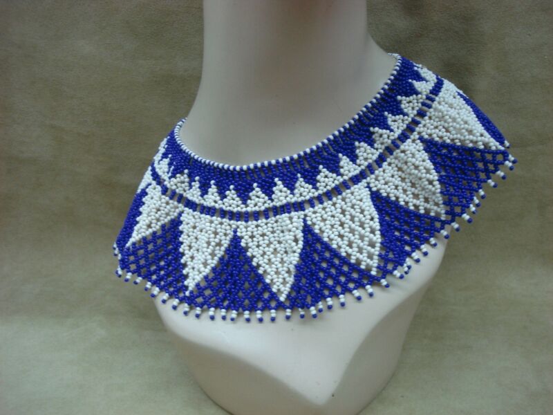 Vintage cobalt blue and white seed bead collar necklace