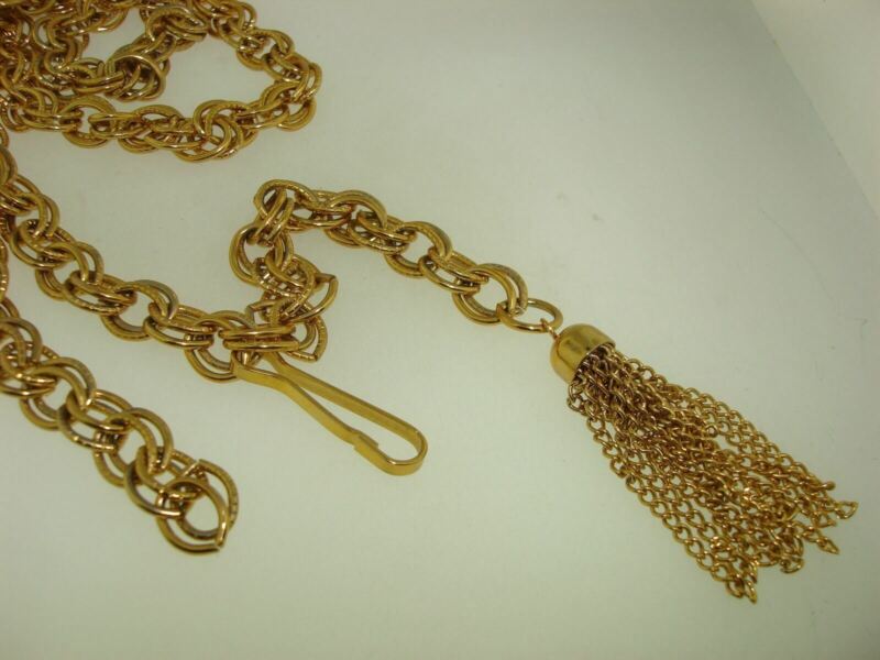 Vintage gold tone metal link belt with fringe, 1960s-70s Mod style