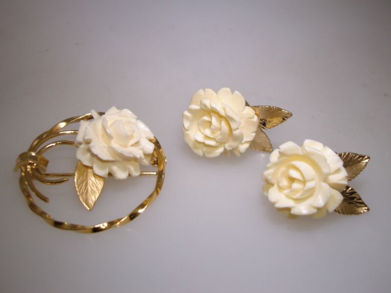 Vintage 1960s gold-filled carved rose pin and earrings set by C.R. Co.