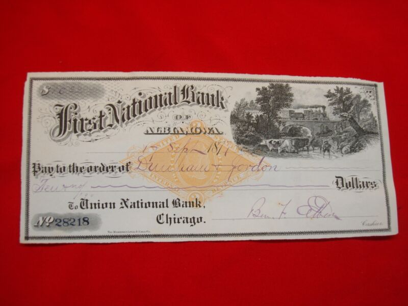 Antique bank check from the First National Bank of Albia, Iowa (1877) featuring a steam locomotive scene