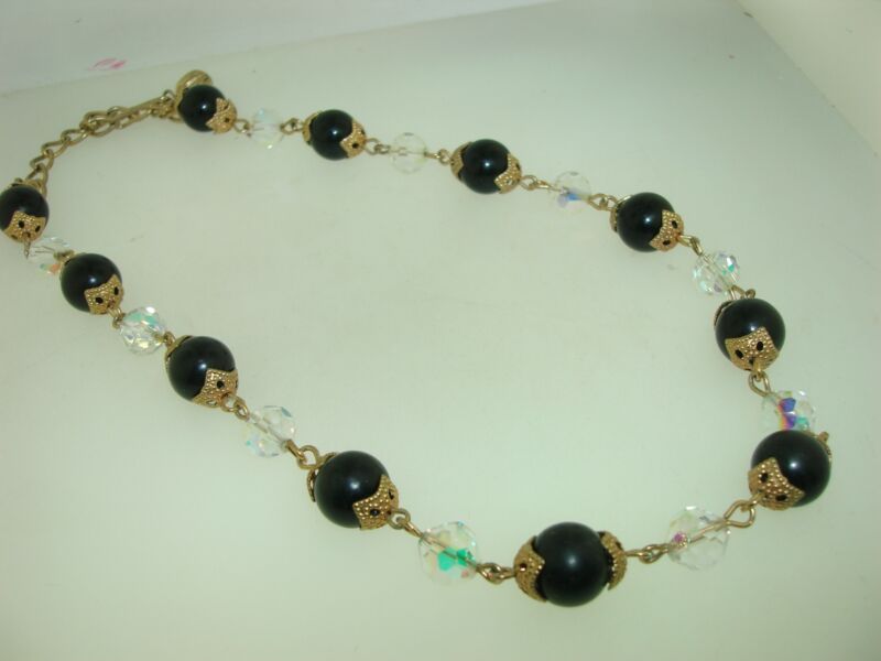 Vintage 1960s gold-tone choker necklace with black beads and AB crystals