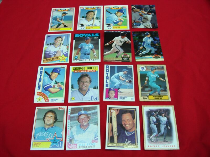 George Brett Topps card collection featuring Glossy, Gold Winner & Stadium Club cards from the 1980s and 1990s.
