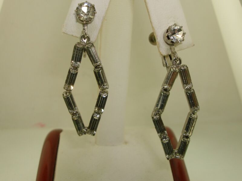 Vintage 1950s-60s rhinestone dangle clip-on earrings, diamond shape