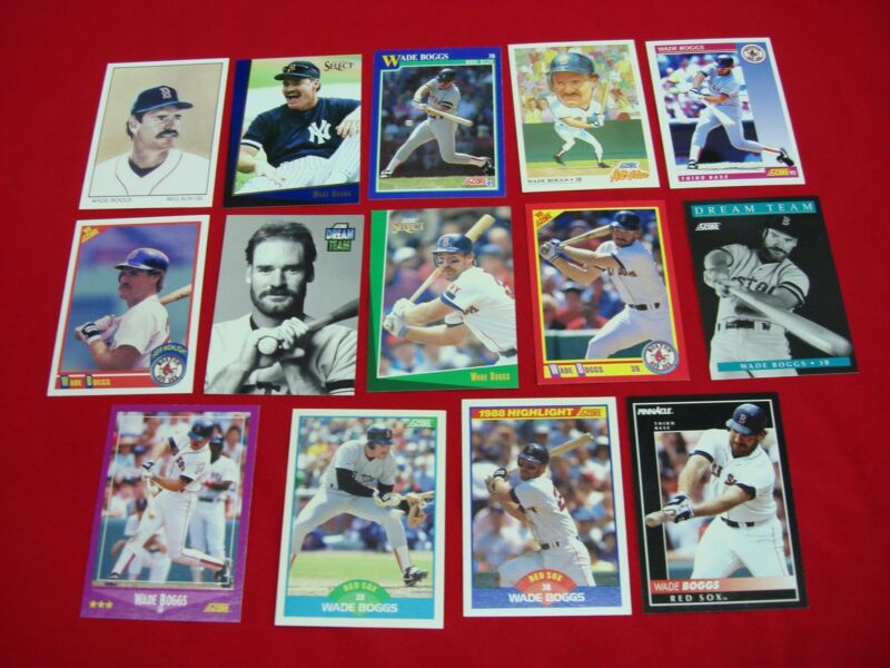 Vintage Wade Boggs baseball cards from Score and Pinnacle sets, including an error card and a traded card.