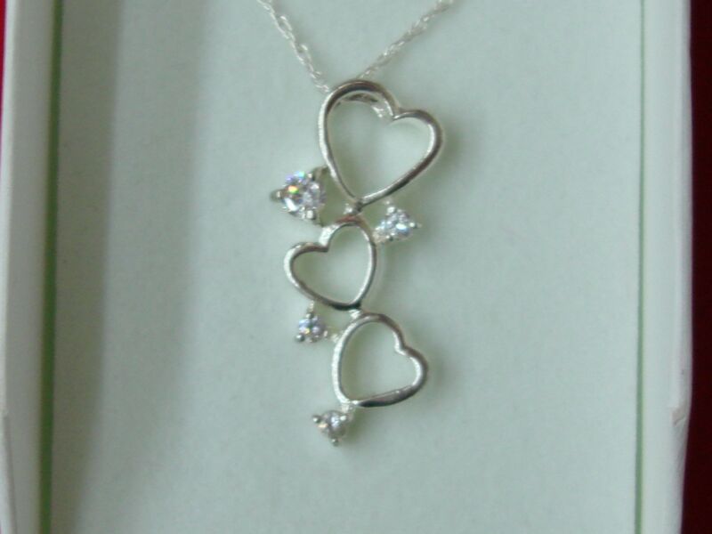 Sterling Silver Triple Heart Pendant Necklace with CZ Stones - 18 Inch Chain