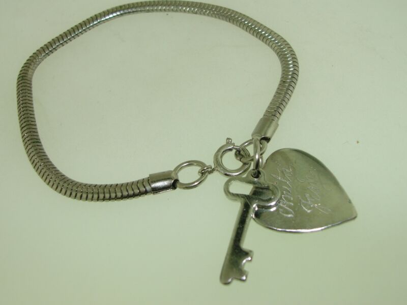 Vintage silver snake chain heart and key bracelet engraved 'Anita Jean'