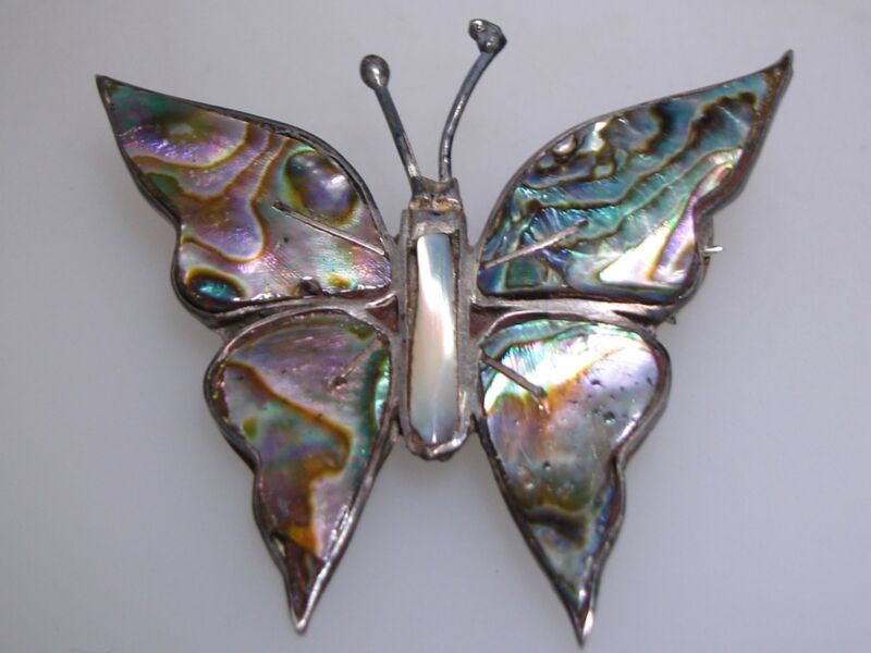 Vintage Hecho En Mexico sterling silver butterfly pin with abalone inlay
