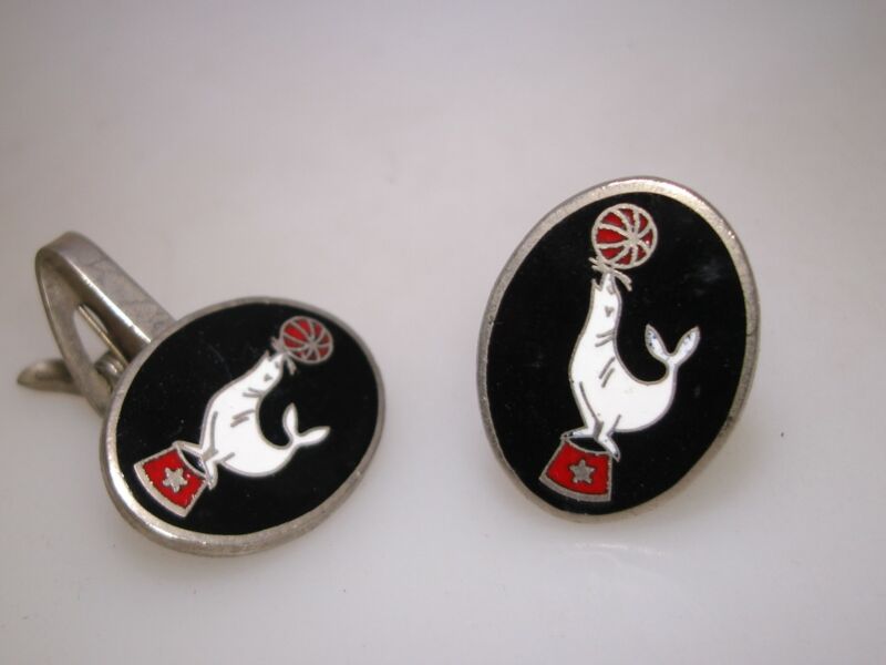 Vintage 1960s enamel seal tie clasp and cufflinks set