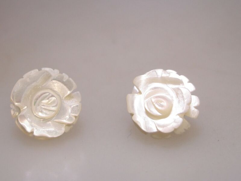 14K gold carved iridescent MOP rose earrings, petite vintage style