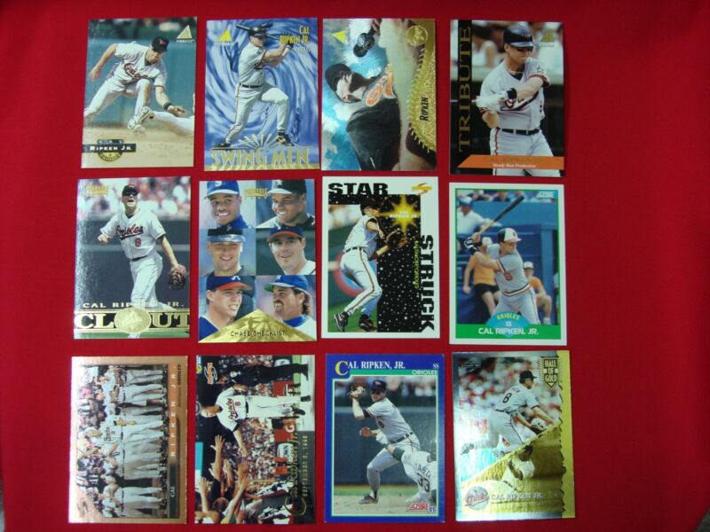 Cal Ripken Jr. baseball card collection featuring Score and Pinnacle cards, including Dugout inserts
