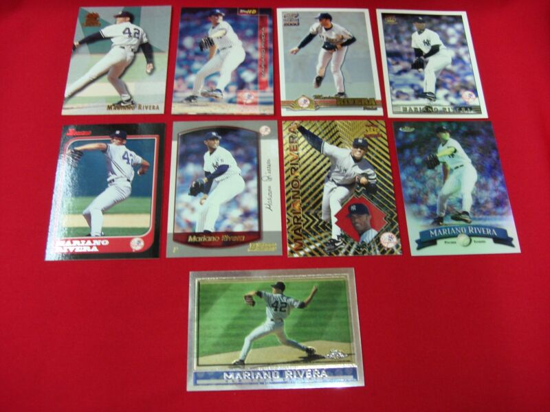 Collection of 9 Mariano Rivera trading cards, including Topps Finest Refractor and Pacific Crown Acetate