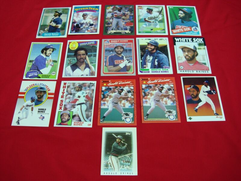 Harold Baines trading card collection featuring Topps RC, Donruss error and corrected cards