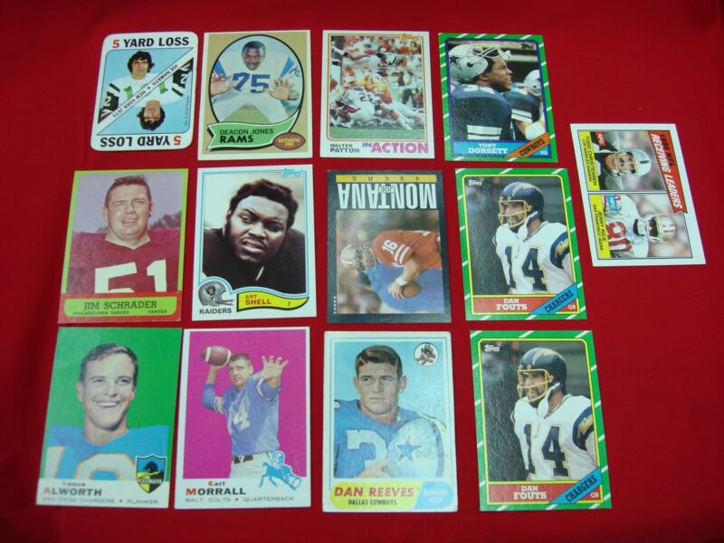 Vintage Topps football cards featuring Joe Namath, Montana, Deacon Jones and more.
