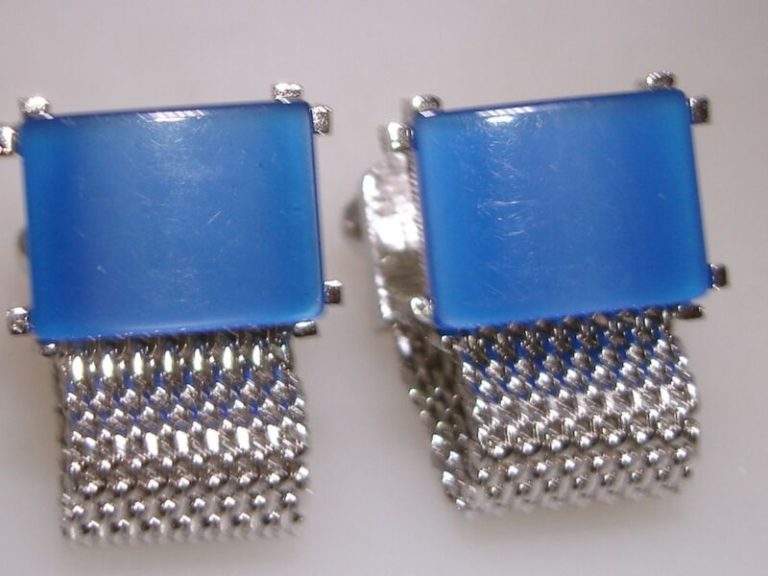 Vintage Swank silver mesh cufflinks with blue glass moonstone, 1960s-70s