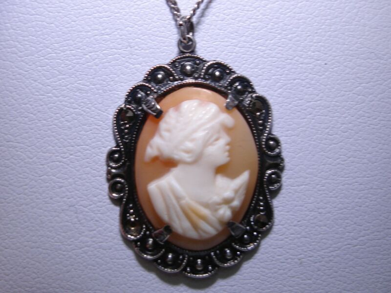 Antique Sterling Silver & Marcasite Cameo Pendant Necklace