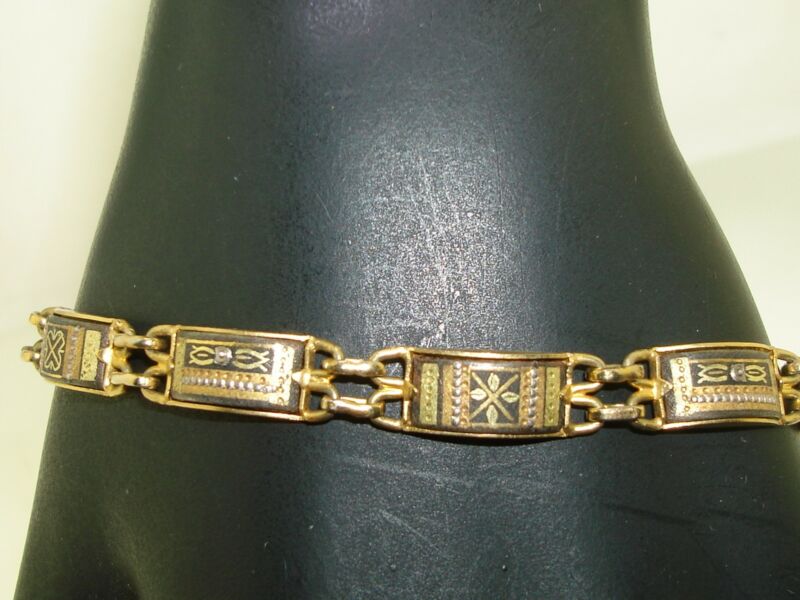 Vintage 1960s Spain gold-tone damascened bracelet, handcrafted, 6.75" length