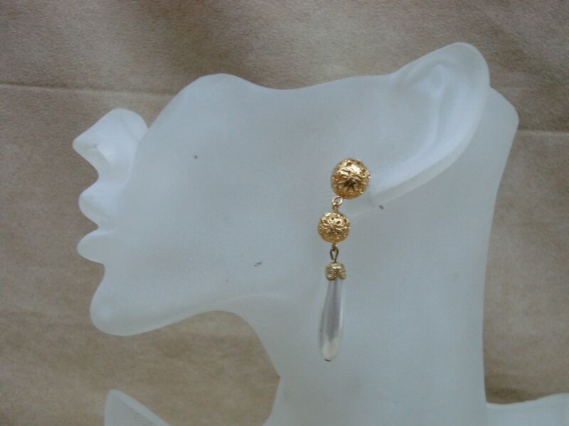 Vintage gold-tone filigree faux pearl dangle earrings, 1970s