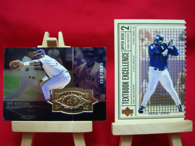 Two serial numbered Mo Vaughn baseball cards: a 1998 Upper Deck SP-X Star Focus and a 1999 Upper Deck Textbook Excellence