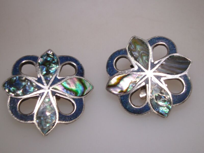 Vintage Taxco Mexico Abalone & Turquoise Earrings by A. Garcia - Clip-on