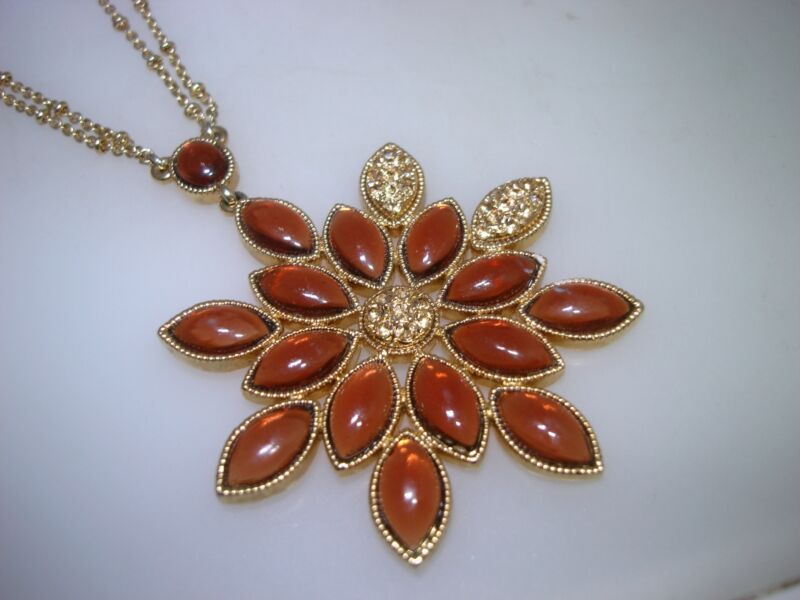 Vintage 1970s amber glass and rhinestone pendant necklace