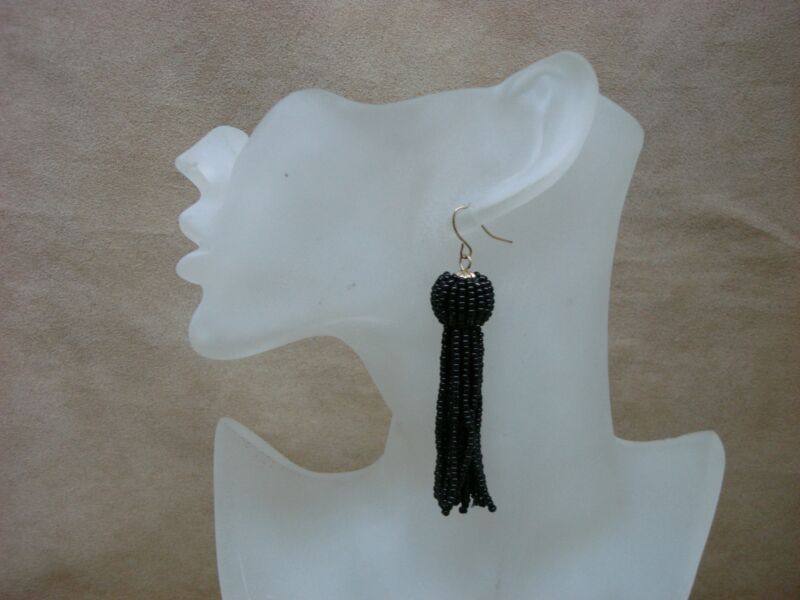 Vintage Lisa Lerch black beaded fringe dangle earrings in gold tone