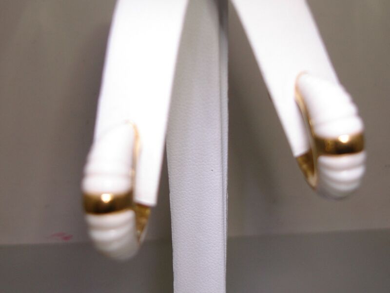 Vintage Trifari Crown Clip-On Earrings - White Lucite & Gold Tone Half Hoops